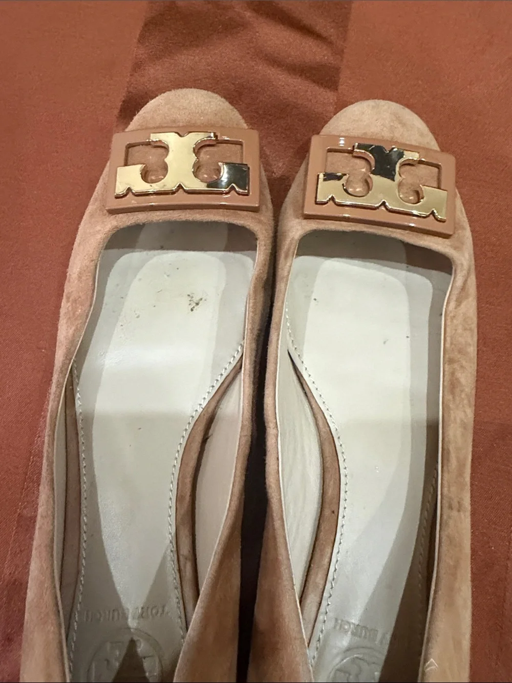 Tory Burch Blush Suede Logo Buckle Flats used condition.